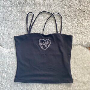 Forever 21 Black Rhinestone Heart Flame Cropped Tank Top